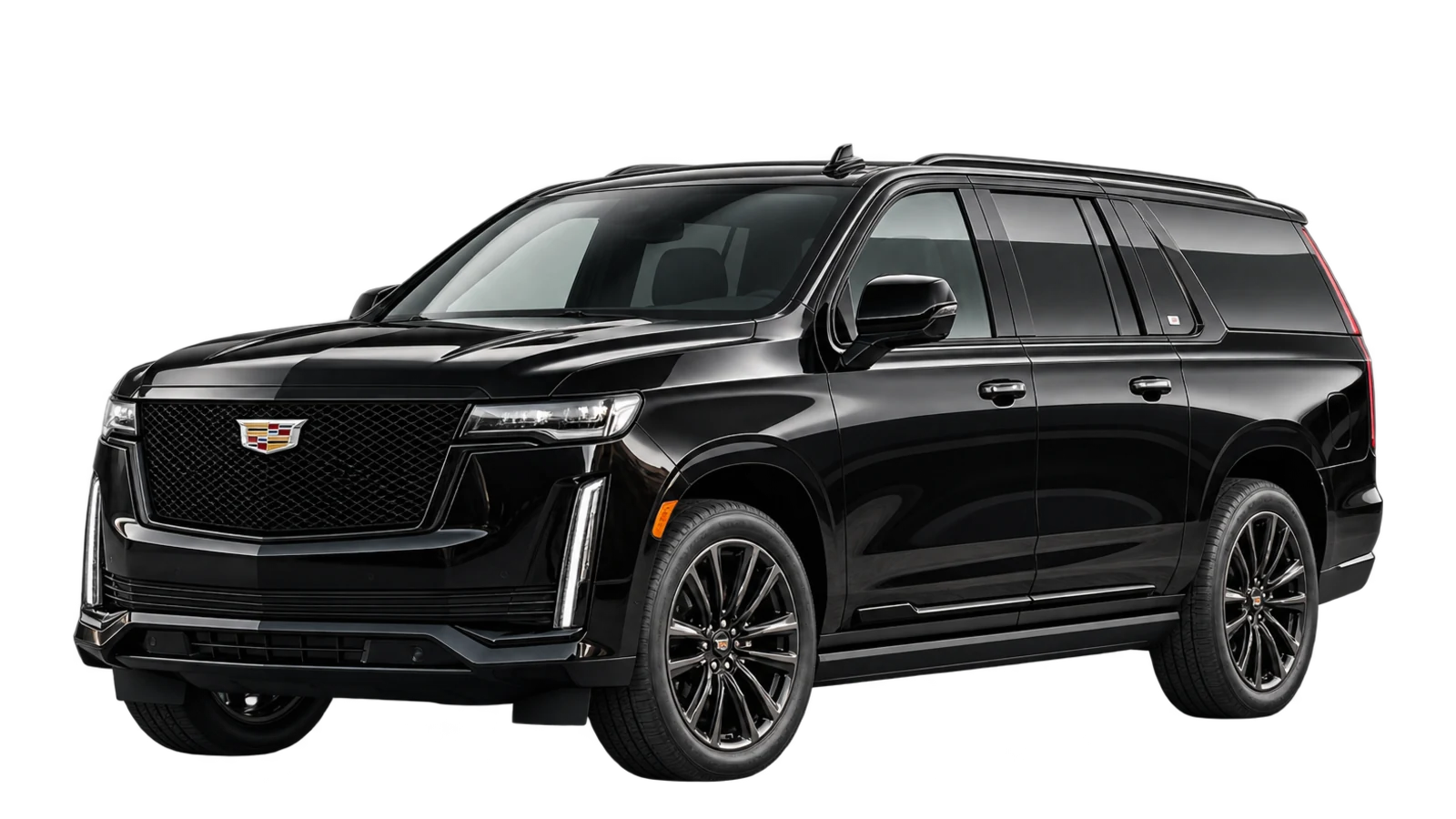 Black Escalade, front three-quarter view